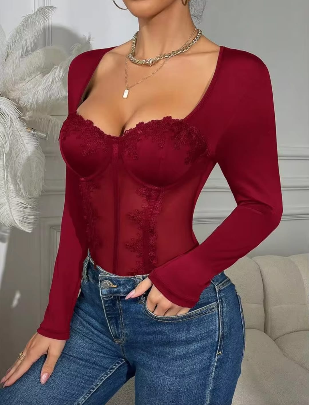 Women’s Black Lace Mesh Corset Bodysuit with Long Sheer Sleeves – Floral Lace Detail, Sweetheart Neckline & Figure-Hugging Fit